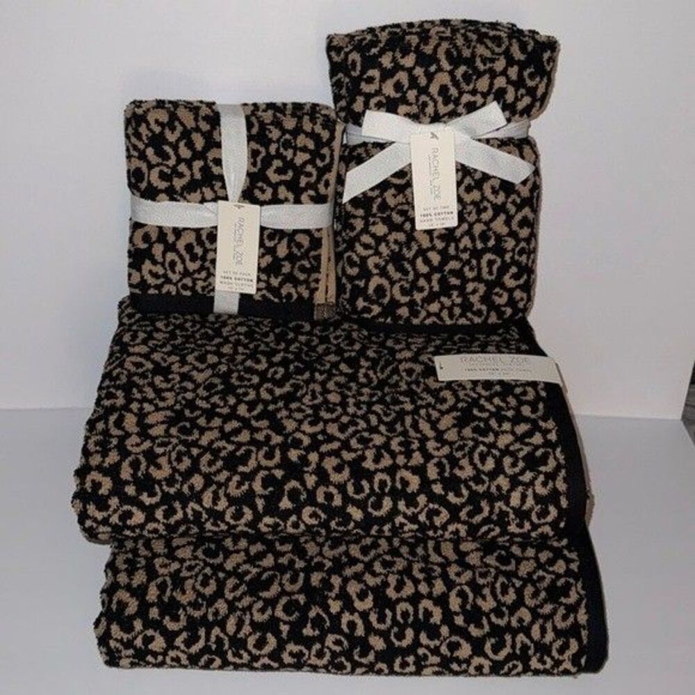 NWT Rachel Zoe 8 Piece 100% Cotton Bath Towel Set Black Tan Leopard Animal Print